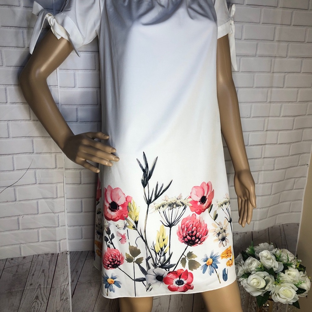 Floral Midi Dress - White with Pink and Red Accents
